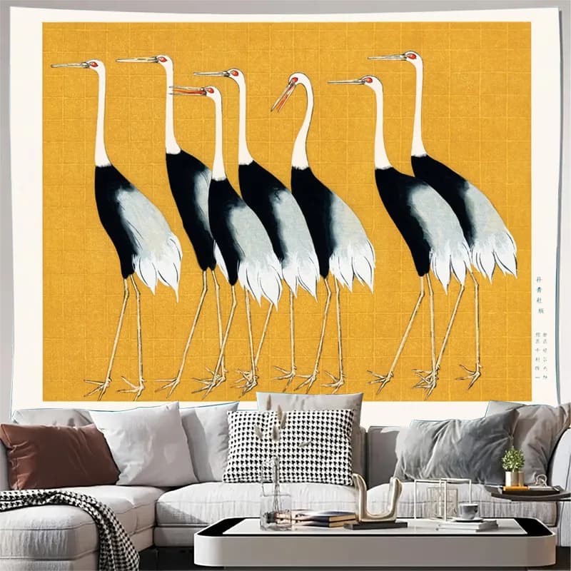 Abstract Crane Tapestry Wall Decor Yellow Background Boho Nature Art Print Modern Minimalist Bird Illustration Living Room Galle