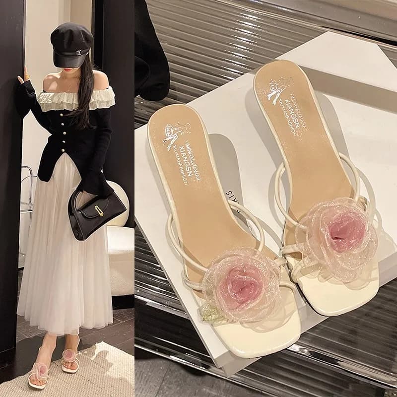 Sandali Eleganti da Donna con Punta Quadrata, Decorazione Floreale 3D, Tacco Basso, Cinturino Sottile, Slip-On per Feste, Matrimoni e Serate Eleganti
