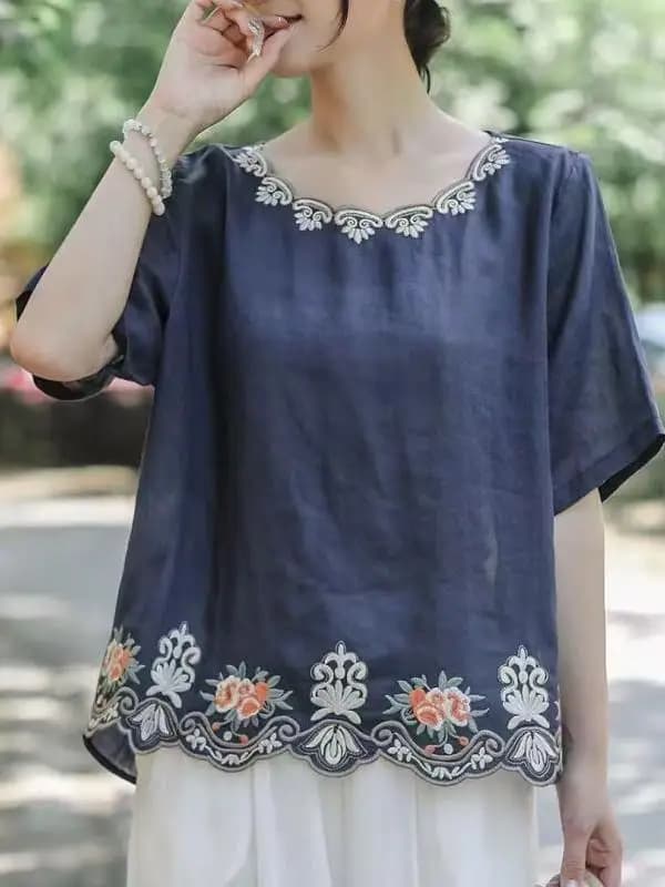 Stylish Embroidered Cotton Linen T-Shirt Shirt New Summer Clothes Big Size Meat Conceal Anti-Aging Retro Fashionable