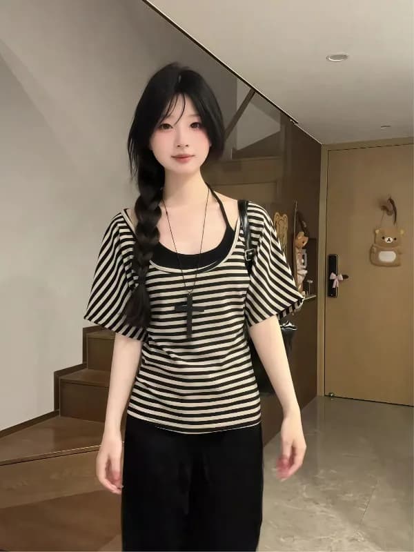Retro Striped Short Sleeve T-Shirt Women's plus Size Summer Slimming Cover up Set Elegant Korean Style Commute Fashion