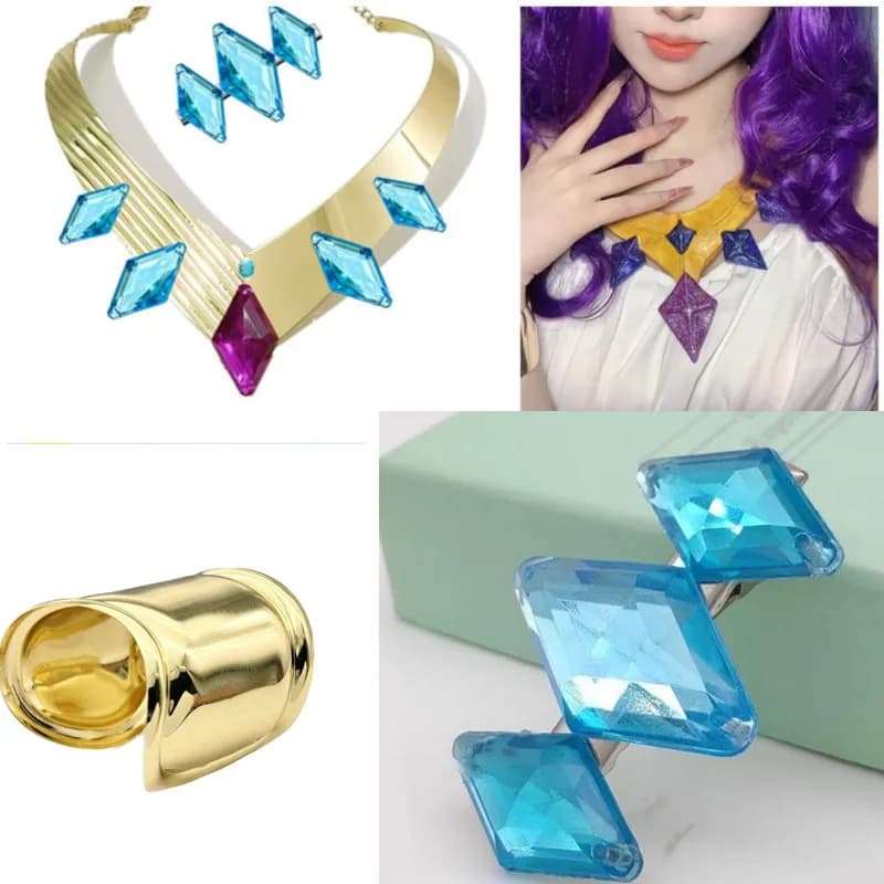 Anime Pony Rarity Cosplay Necklace Blue rhinestone Hairpin Headpiece Earrings Golden Bracelet accessories costume