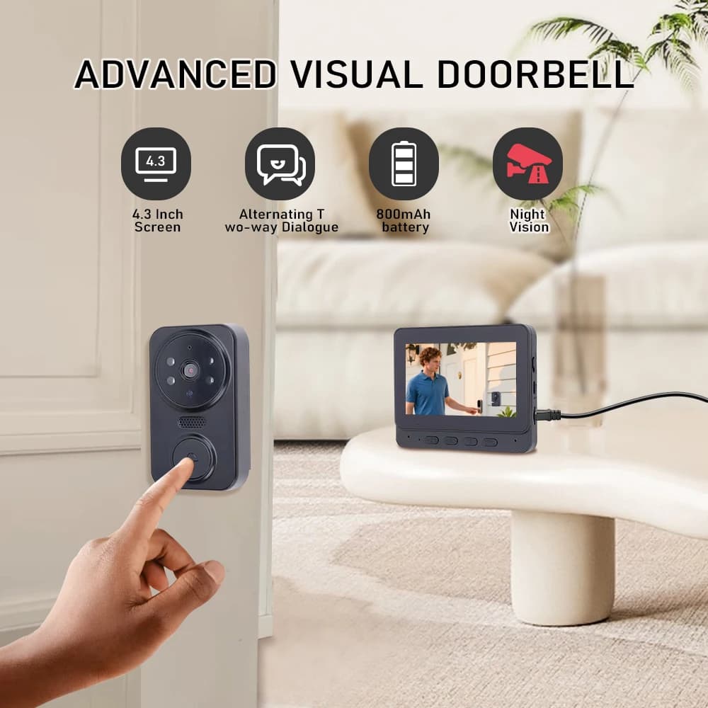 1 videocitofono con schermo IPS da 4,3 pollici, batteria integrata da 800 mAh, supporto per visione notturna a infrarossi