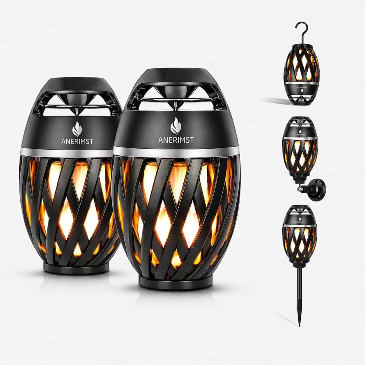Outdoor Bluetooth Speakers with LED Torch, 360° Sound, 24H Playtime, 2 Pack Black