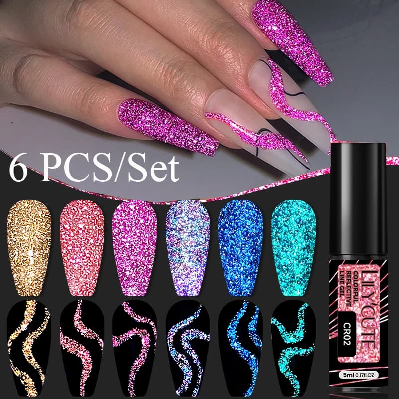 LILYCUTE 6 pieces reflective glitter nail art liner colored gel kit glittering nail polish gel UV gel semipermanent