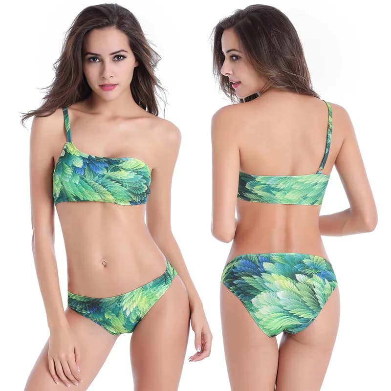 Women's Bikini Sets Two Piece Swimsuits One Shoulder Low Waisted Printing Bathing Suit Ribbed Push Up Swimwear Monokini Bikini