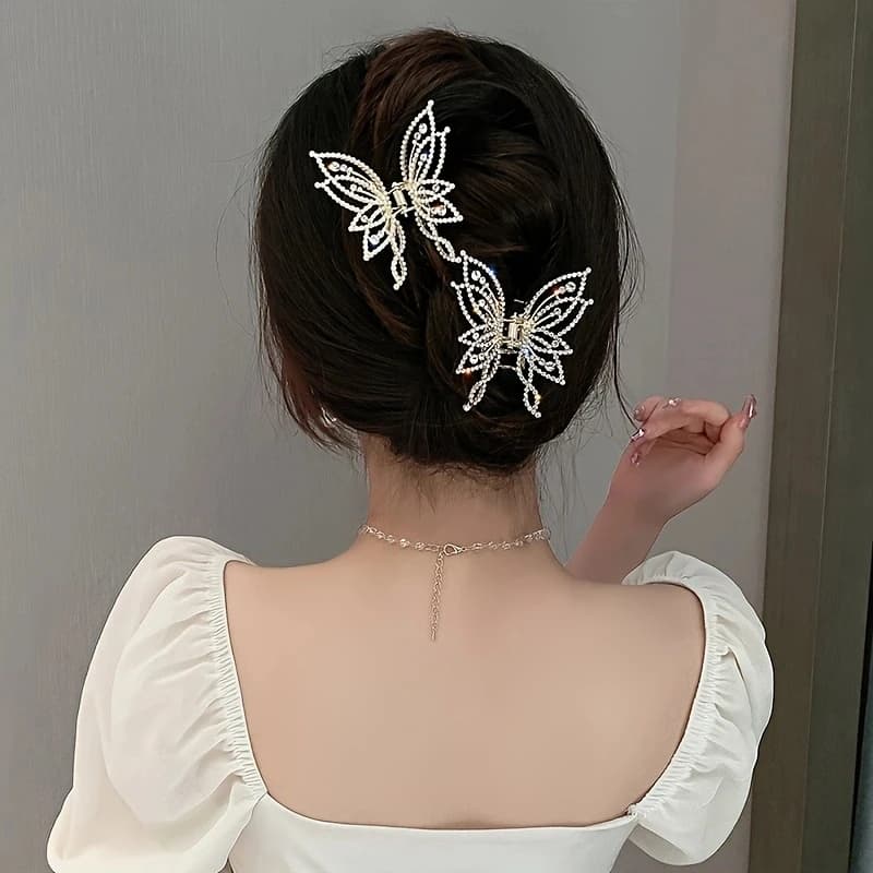 1 pezzo di ornamento per capelli a farfalla con strass in lega di zinco, elegante clip per capelli a disco a farfalla, copricapo dolce di lusso alla moda, alta