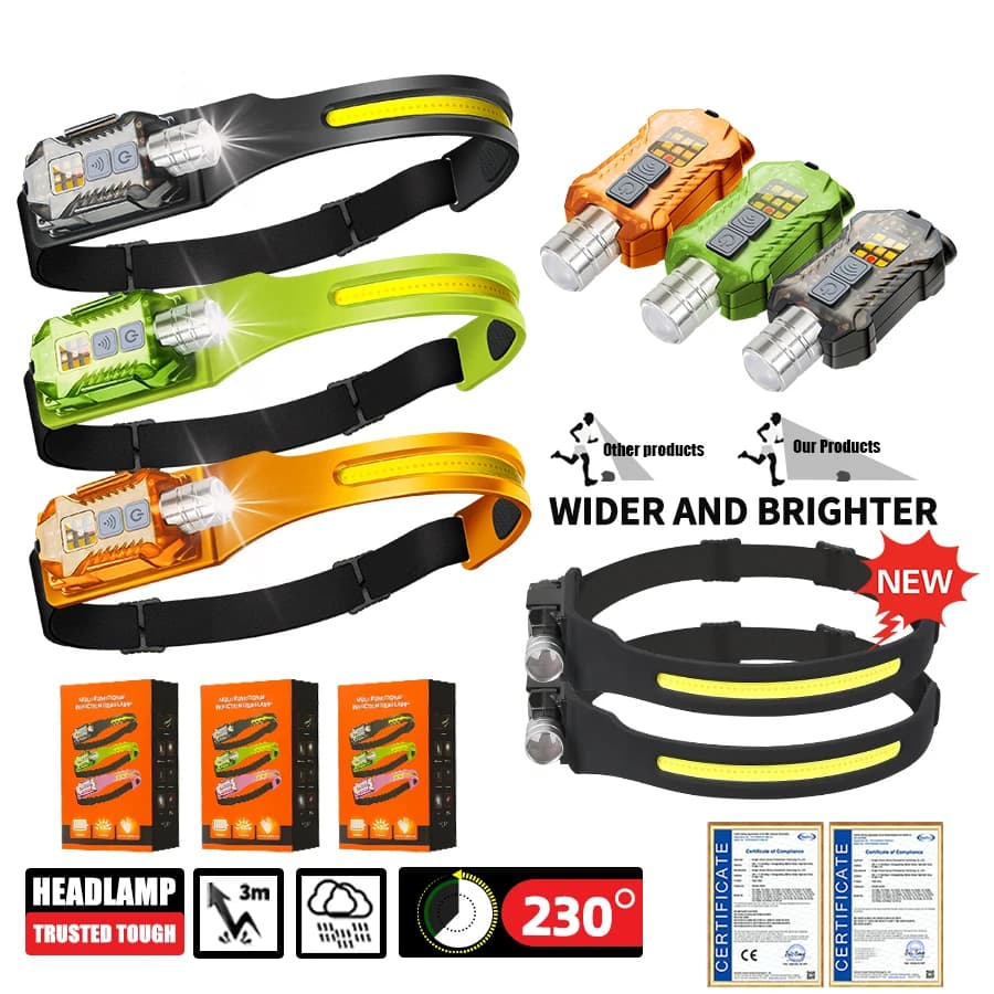 Lampada frontale con sensore LED ricaricabile USB C Lampada frontale XPE + COB Torcia frontale a LED Torcia da campeggio con luce di ricerca per lanterna da pesca