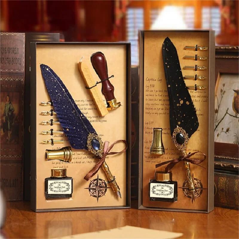 Vintage Magic Gem Feather Quill Dip Pen Wax Seal Stamp Gift Set European Calligraphy With Ink Extra Nibs For Birthday Men Women