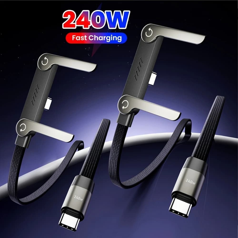 Cavo dati pieghevole intrecciato con supporto, cavo di ricarica rapida da Type-C a Type-C da 240W, cavo dati Type-C con funzione supporto.