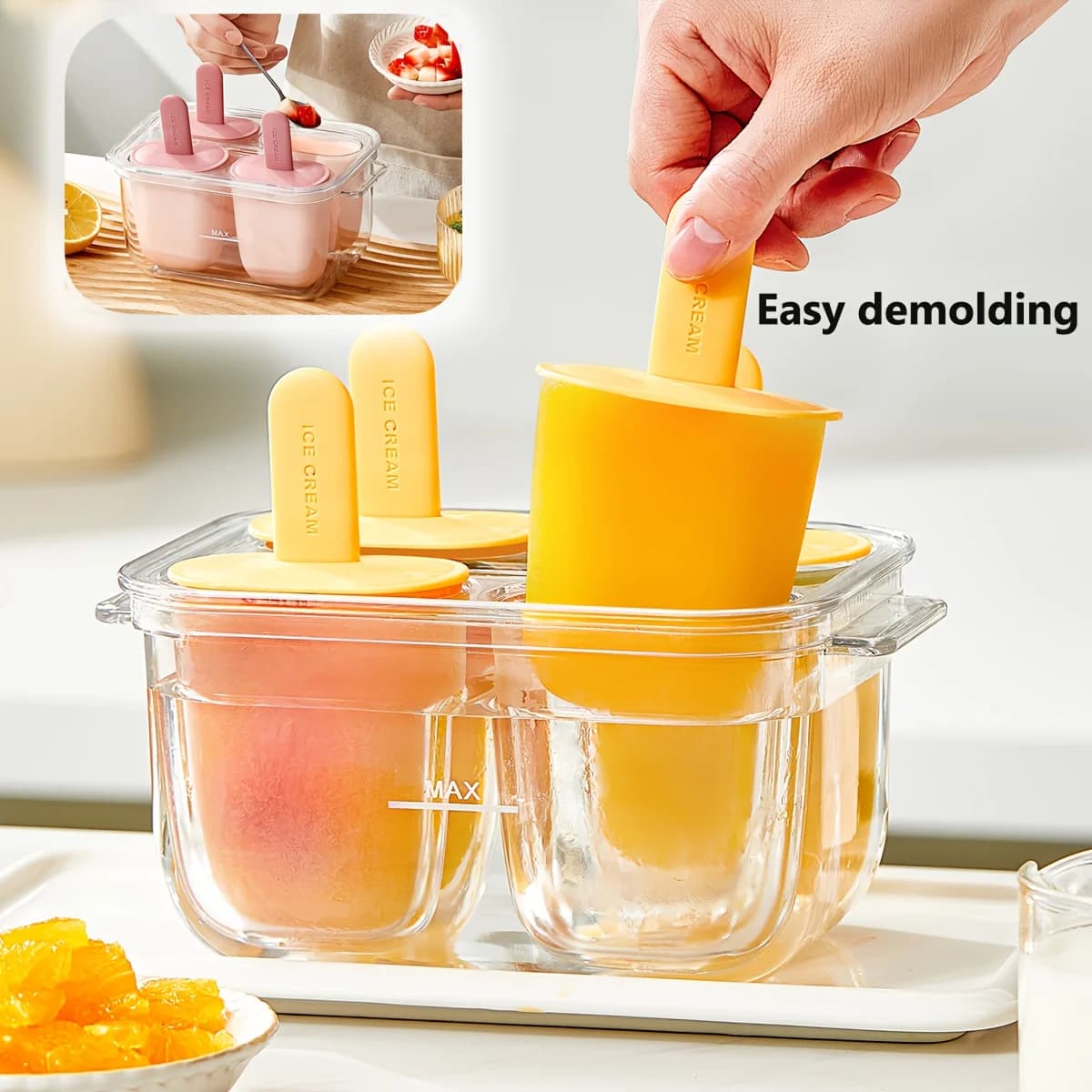 1 pezzo di facile rilascio per ghiaccioli Maker-4 stampi a prova di perdite per succhi/frutta. BPA-Free, trasparente, rilascio dell'acqua calda. Strumento per ghiaccioli fatto in casa