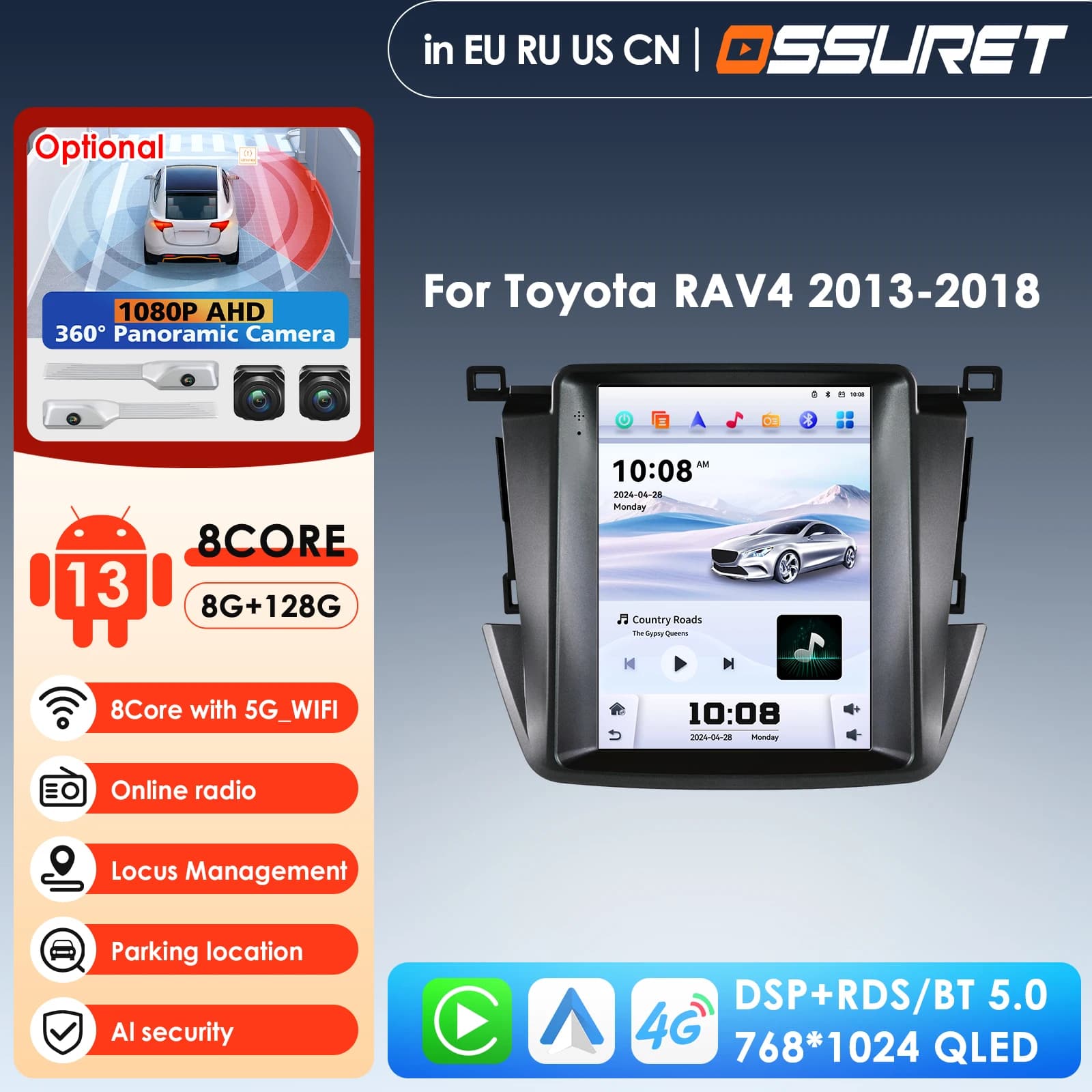 9.7 pollici 4G Wireless Carplay Android Auto Autoradio Multimediale per Toyota RAV4 2013 -2018 Video Lettore Intelligente Schermo