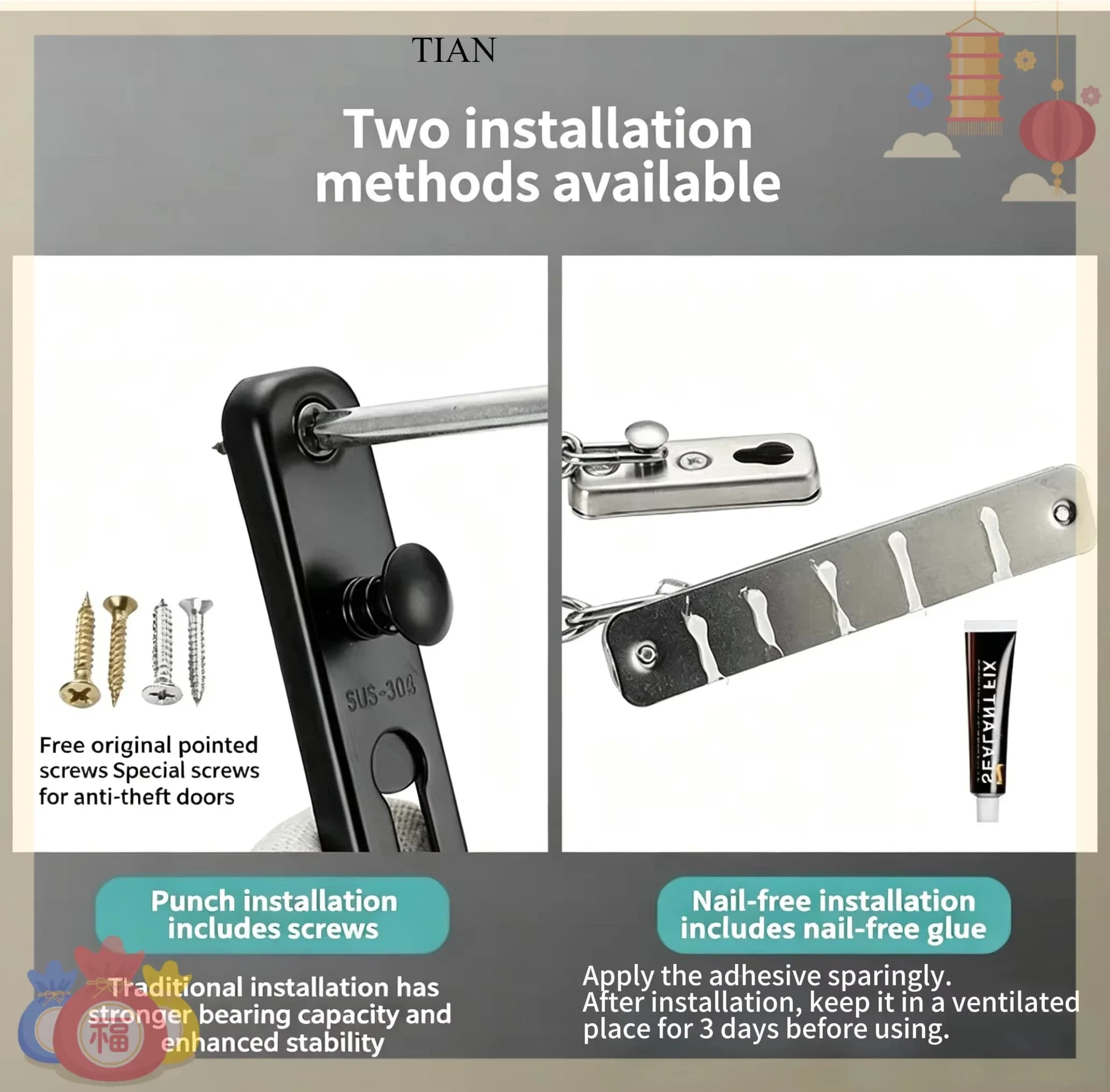 TIAN Chain Door Guard Lock Security Safety Latch Lock with Spring Anti-Theft Press Lock Black