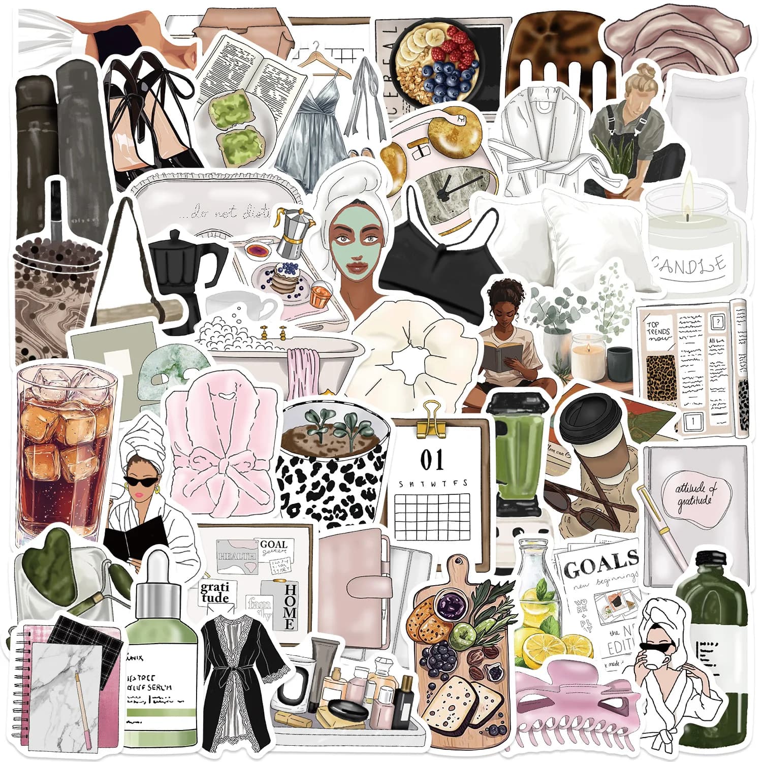 50Pcs INS-Style Clean Girl Stickers Set Fashion Mocha Girl Waterproof DIY Decals for Scrapbooking Phone Luggage Skateboard