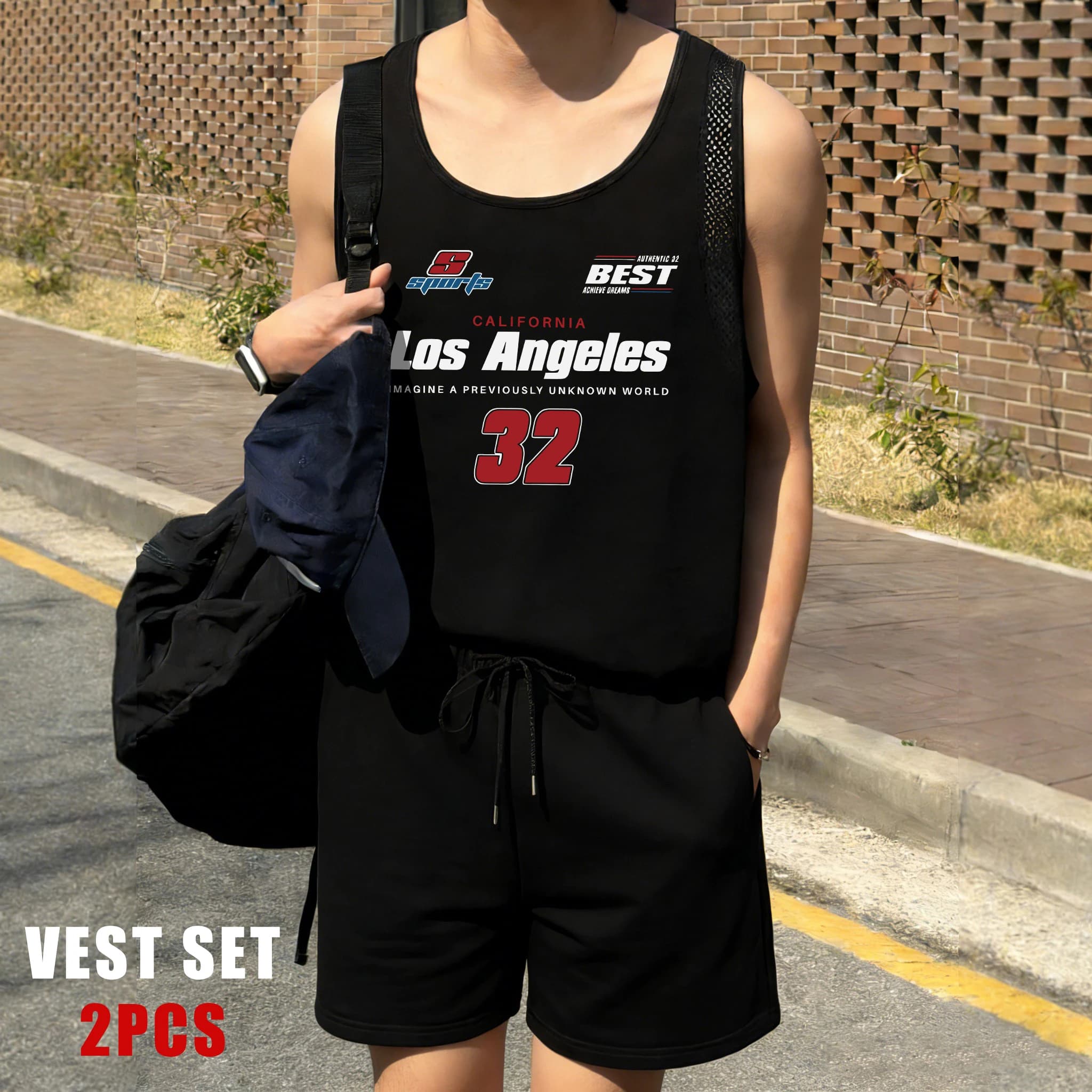 Set Gilet Reticolare con Stampa Numero 32 Los Angeles California, Pantaloncini Sportivi, Canotta Morbida Senza Maniche, Abbigliamento Unisex alla Moda