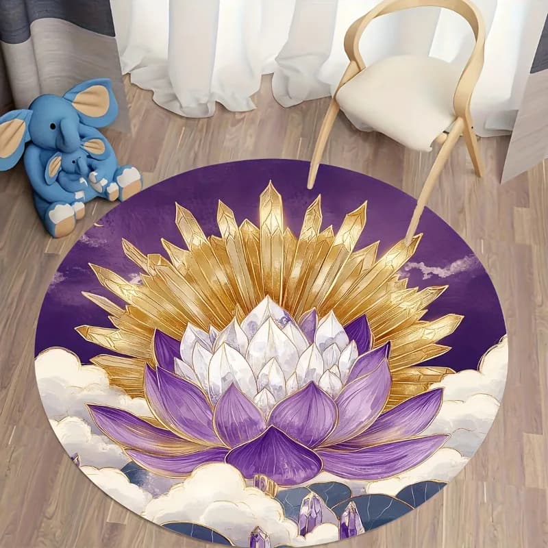 Tappeto rotondo in flanella per la decorazione della casa, dorato e viola con stampa di loto, cuscino rotondo, tappetino per yoga e meditazione, per interni.