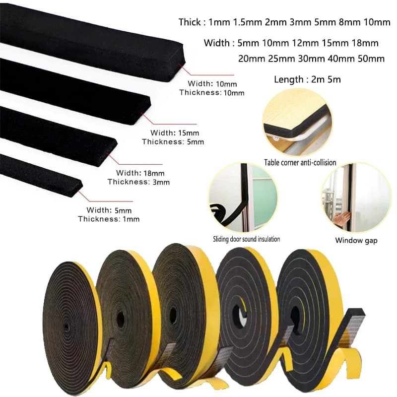 1 Roll 1-10mm Thick Strong Adhesion EVA Black Sponge Foam Rubber Tape Anti-Collision Seal Strip Width 5-40mm Sound Insulation St