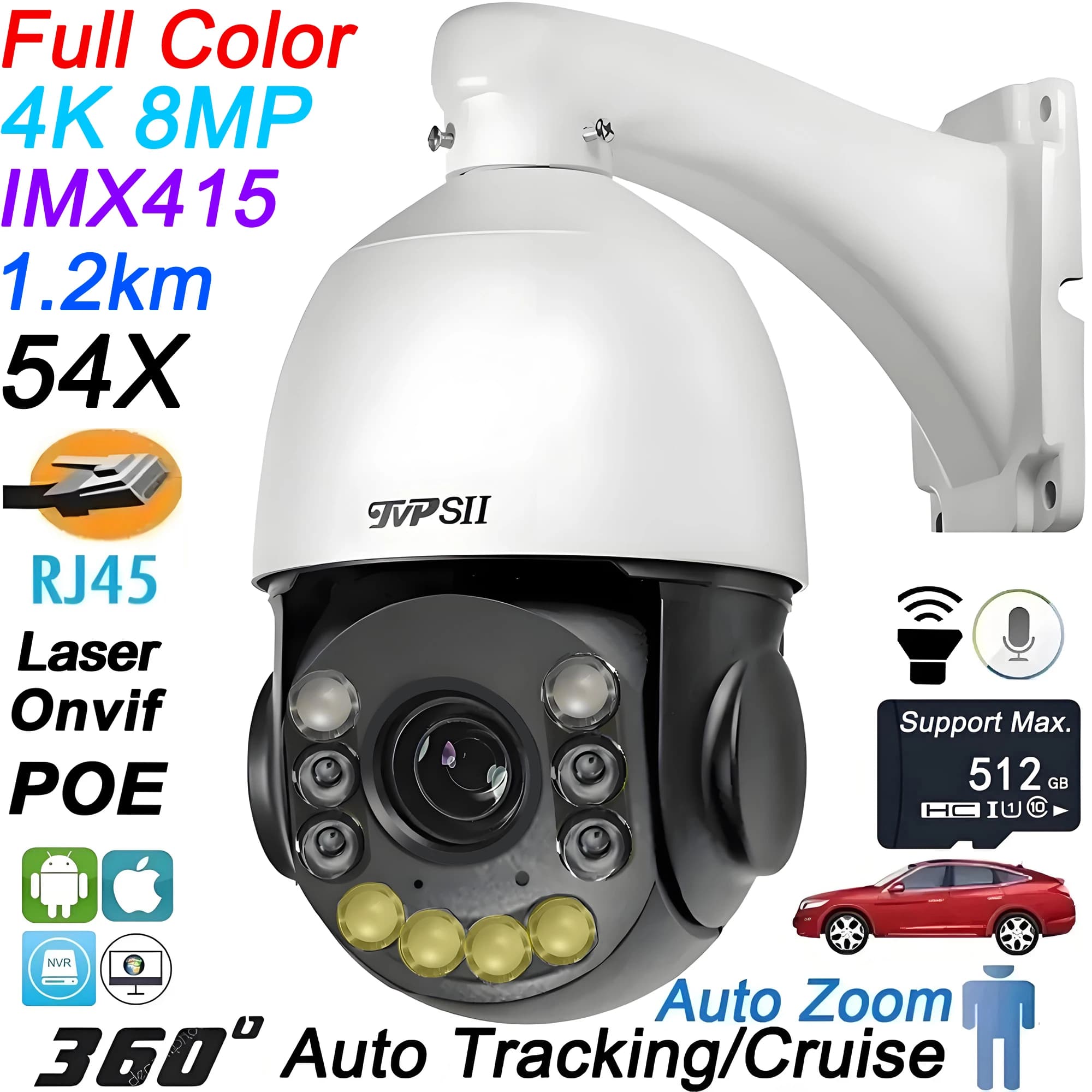 H.265+ Laser a infrarossi in metallo Smart Auto Tracking Cruise 8MP 4K 54X Zoom ottico 360 ° Telecamera IP POE Speed Dome audio ONVIF PTZ