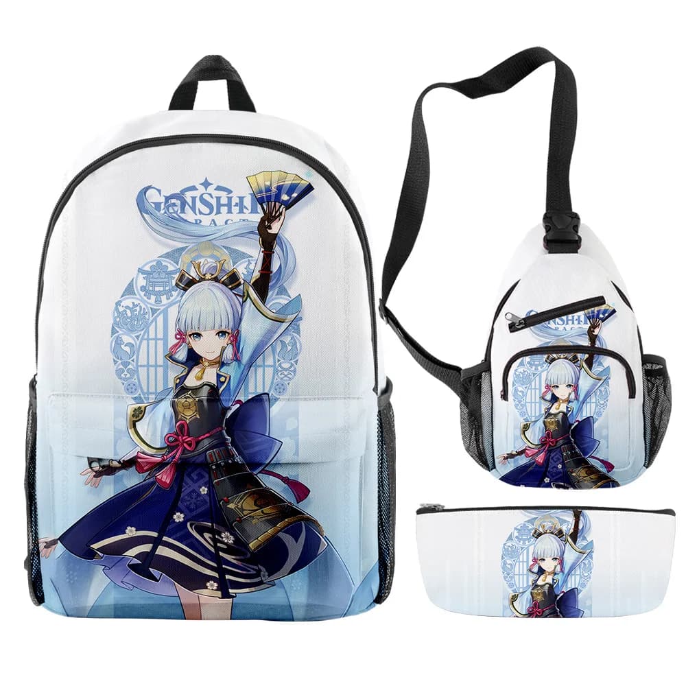 Set di 3 Pezzi Genshin Impact Kamisato Ayaka: Zaino Stampato, Borsa da Viaggio per Laptop, Zaino Giornaliero, Borse a Tracolla, Astuccio E