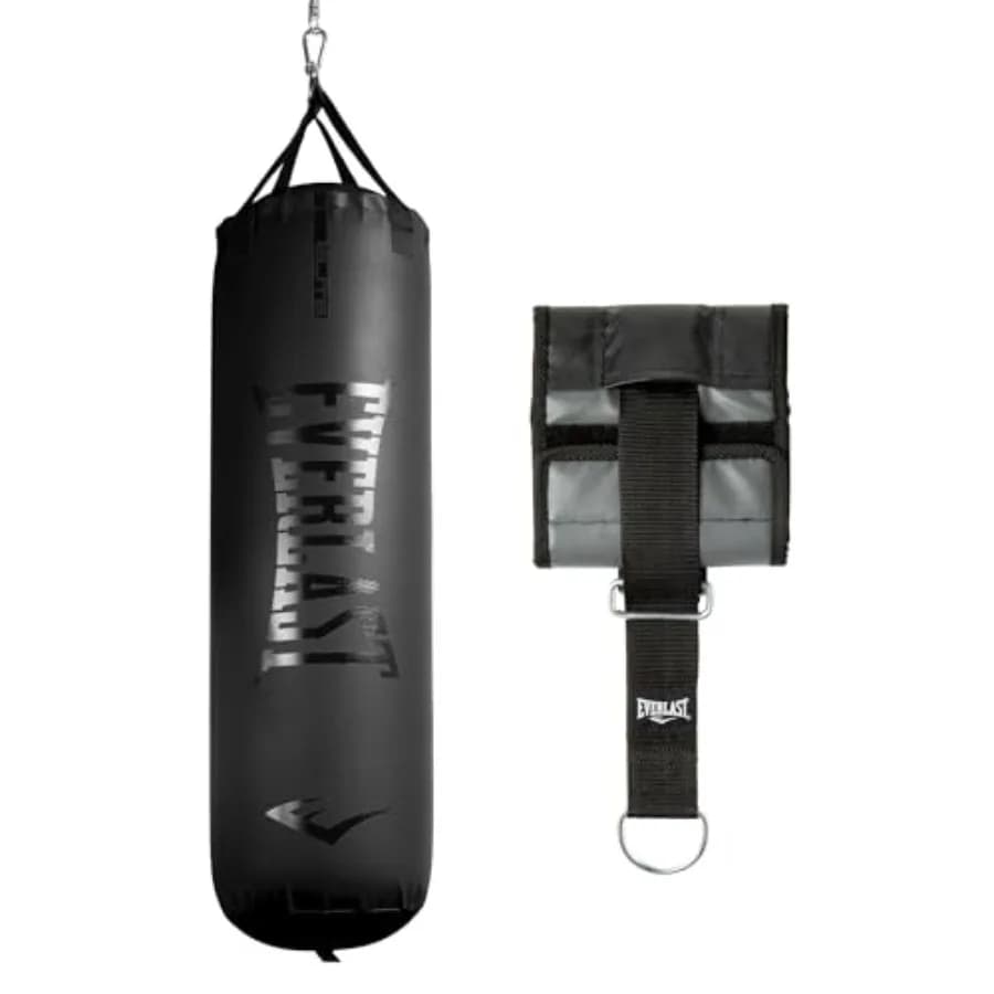 Sacco da boxe per palestra domestica, per allenamento di boxe, MMA e Muay Thai, esterno in vinile resistente di colore nero con doppio cinturino di fissaggio rinforzato.