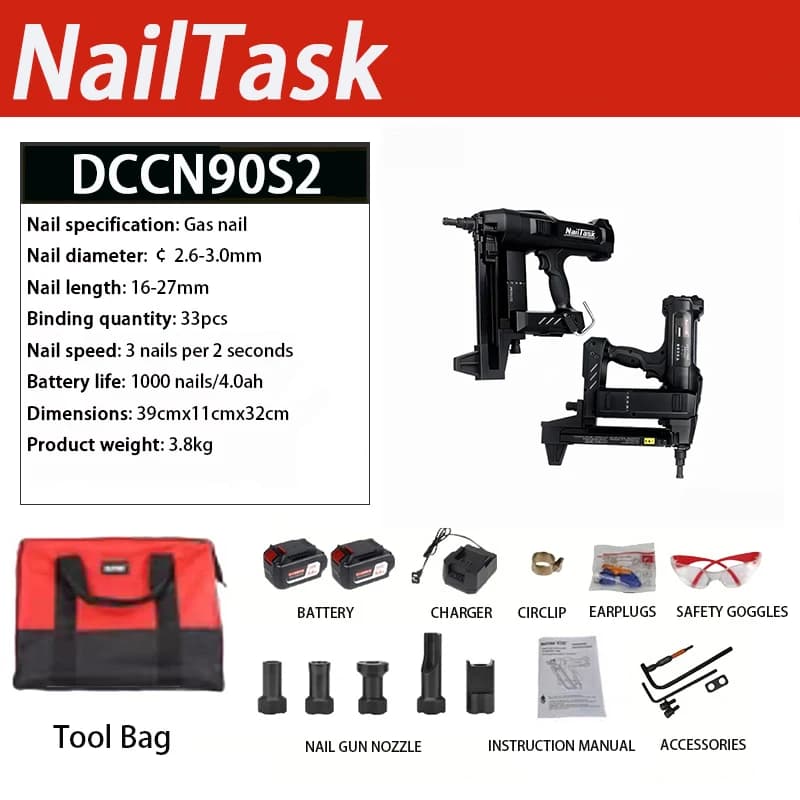 Nailtask-DCCN90S2 Chiodatrice a Gas per MEP, Carpenteria e Calcestruzzo | Chiodatrice a Batteria al Litio con 2 Batterie