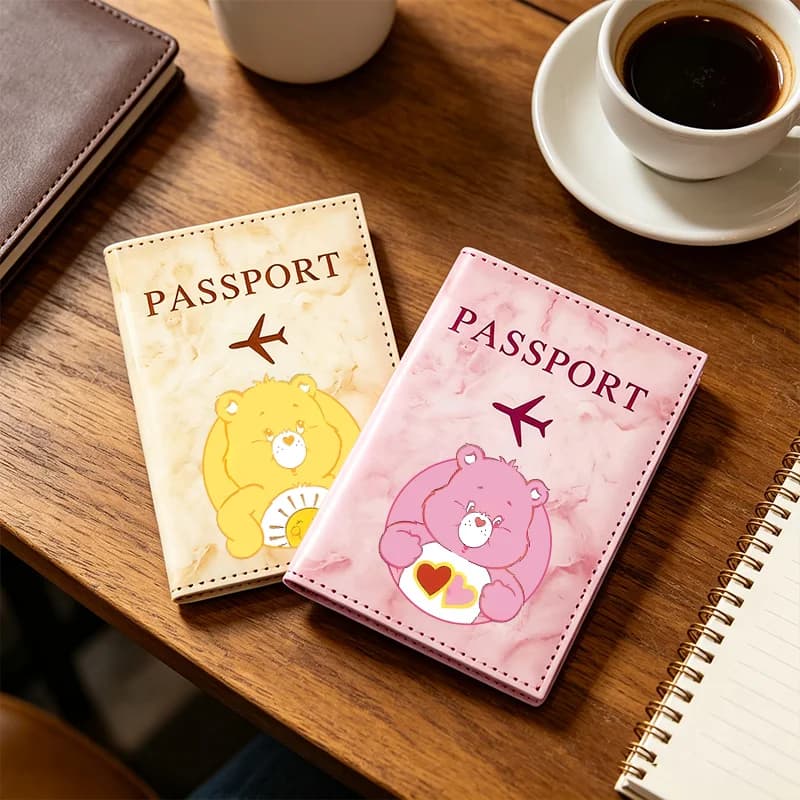 Caring Bears Passport Covering Women Kawaii Wallet Purse ID Credit Card Holder Travel Airplane Passports Protective Accessories
