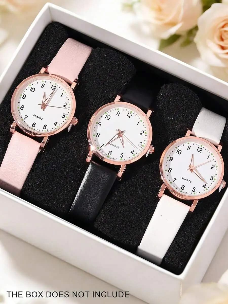 3 orologi da donna al quarzo con quadrante rotondo classico e cinturini in pelle rosa, nero e bianco con numeri.