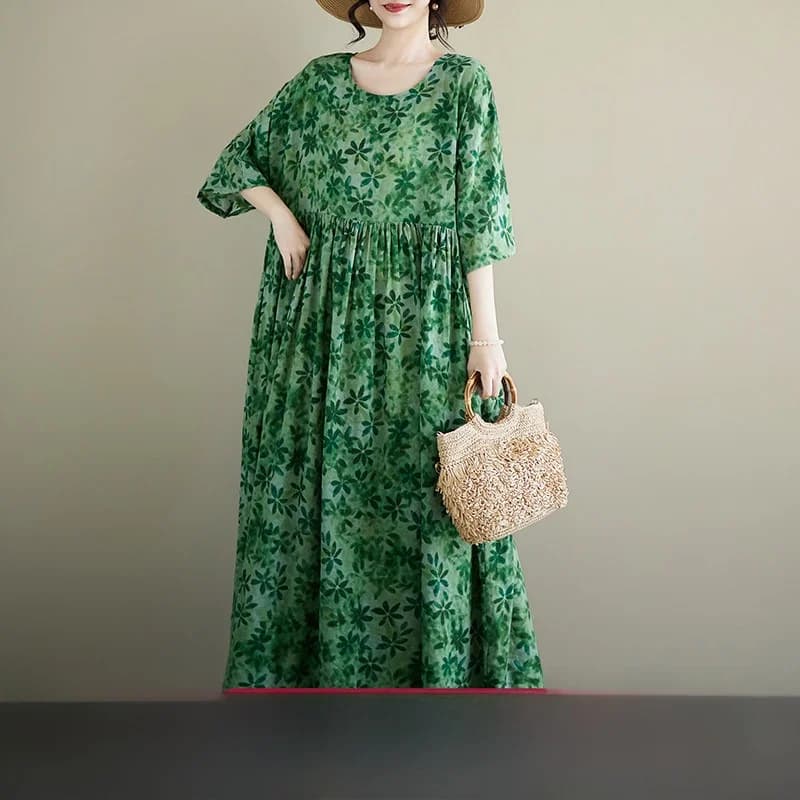Floral Print Midi Dress round Neck Short Sleeve plus Size Green Cotton Casual Loose Fit Summer Dress for Middle-Aged Women