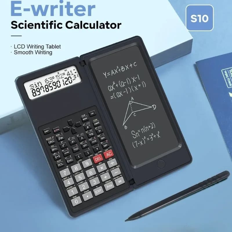 Calcolatrice Scientifica Pieghevole 3 in 1 con Display LCD a 10 Cifre, Tablet di Scrittura da 6 Pollici, Supporto per Penna Stilo, Tasto Cancellazione e Blocco