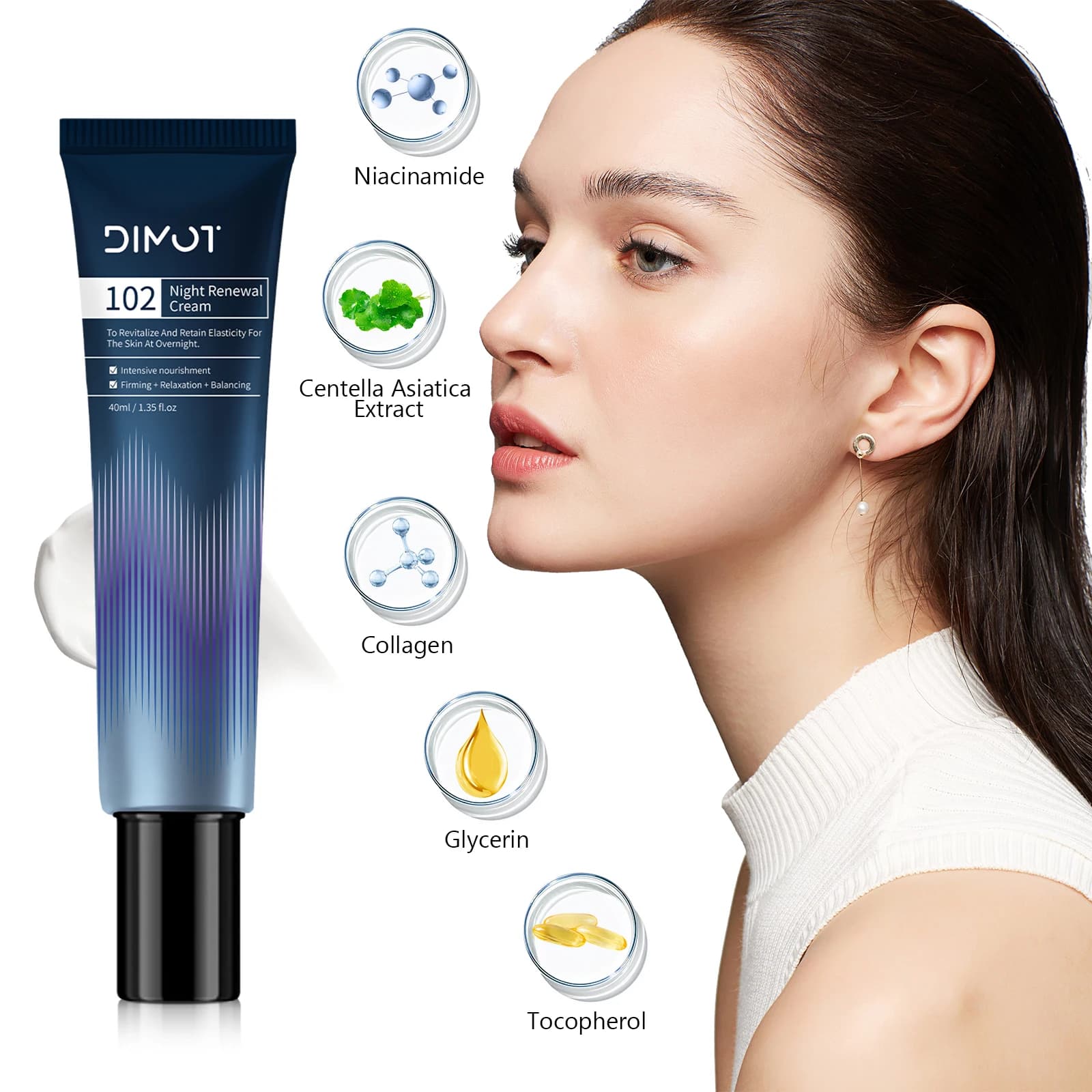 DIMOT Crema per il rigenerazione notturna Centella Asiatica Crema idratante per il viso Acido ialuronico Collagene Viso Stringere i prodotti per la cura della pelle