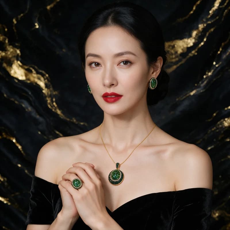 Trendy French Light Luxury Jewelry Sets Vintage Green Geometry Pendant Necklace Earrings Ring Set Women Formal Banquet Ornaments