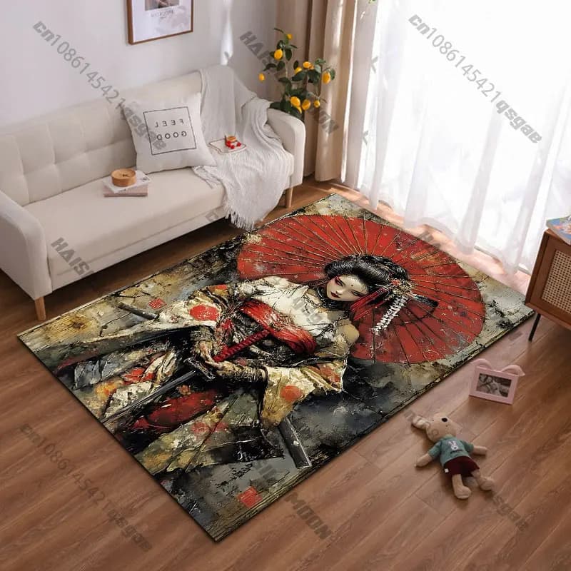 Tappeto rosso con ombrellone da donna samurai, tappeto da yoga, decorazione per soggiorno, tappetino per gattonare per bambini, tappetino per zerbino, tappeto per area giochi, tappetino da pavimento
