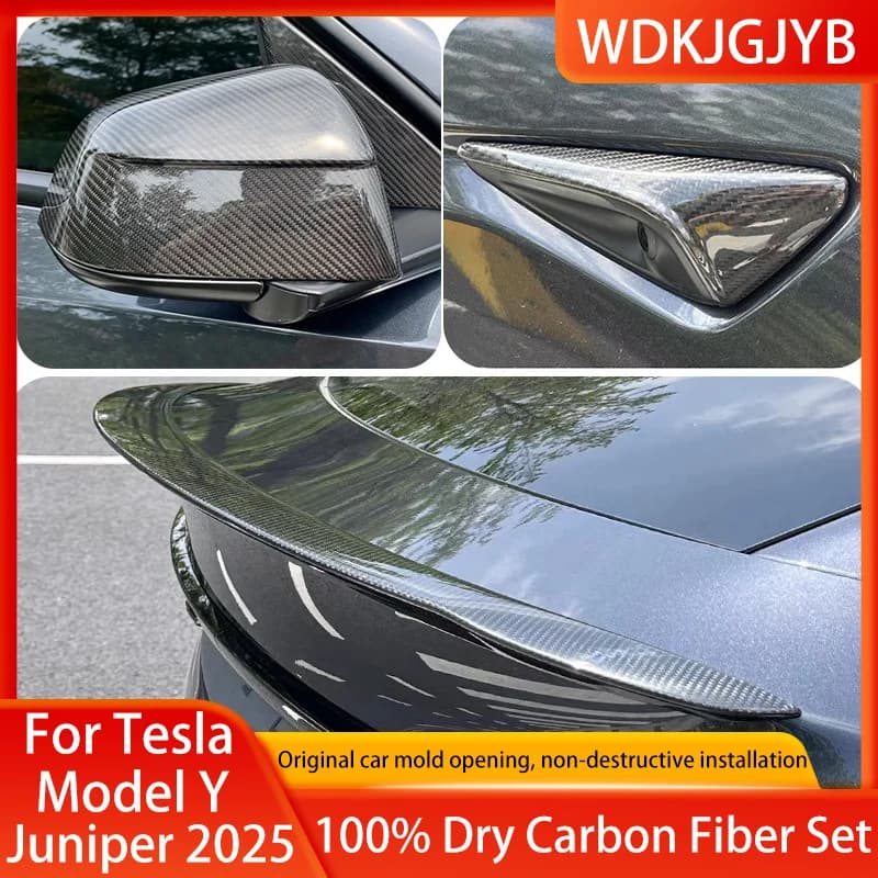 Per Tesla Model Y Juniper 2025 Copertura dello specchietto retrovisore posteriore in fibra di carbonio a secco, pinna di coda, kit di modifica dell'adesivo della maniglia della porta del pannello a fogli