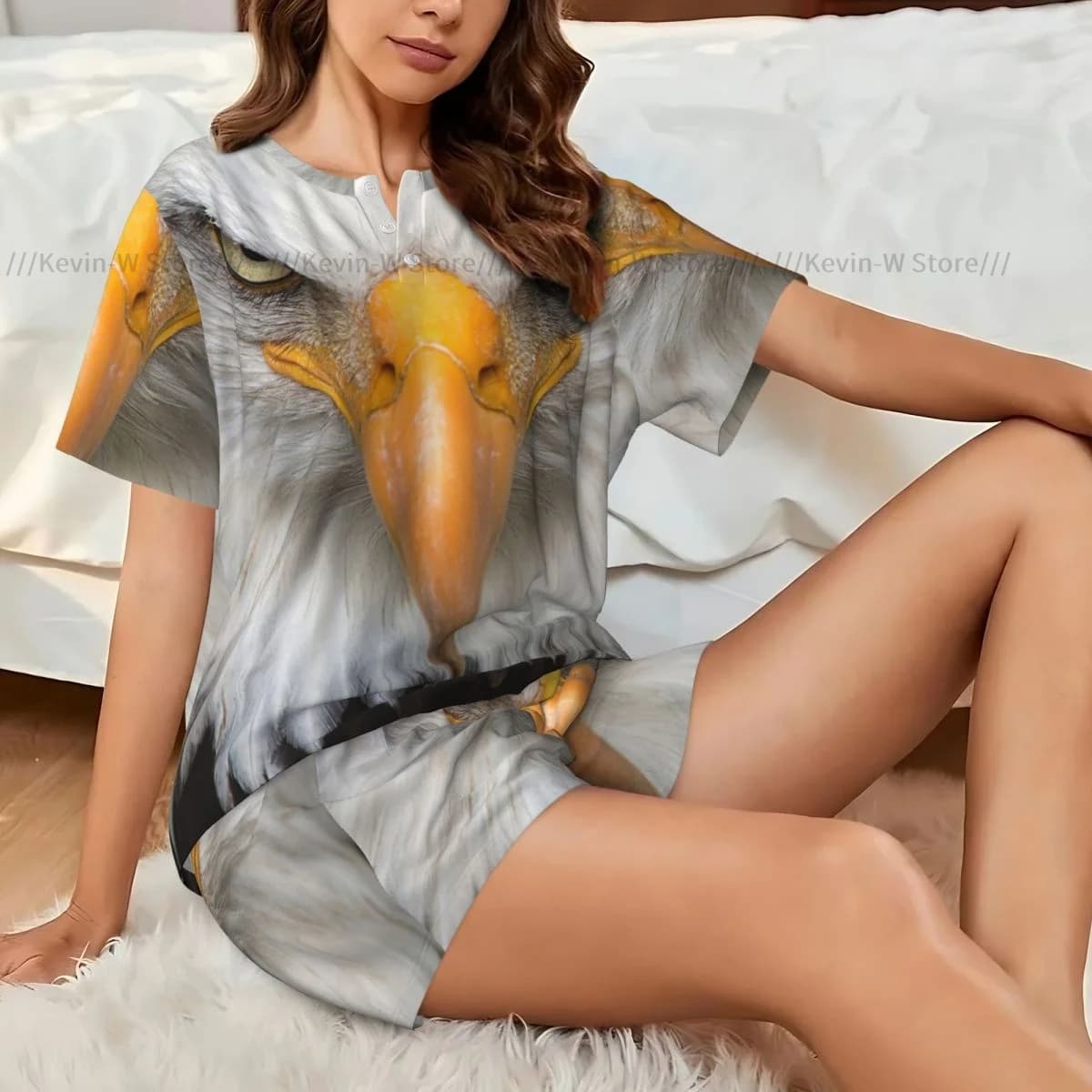 Pigiama da donna in due pezzi, girocollo, maniche corte, T-shirt, set pigiama casual per la casa Bald Eagle