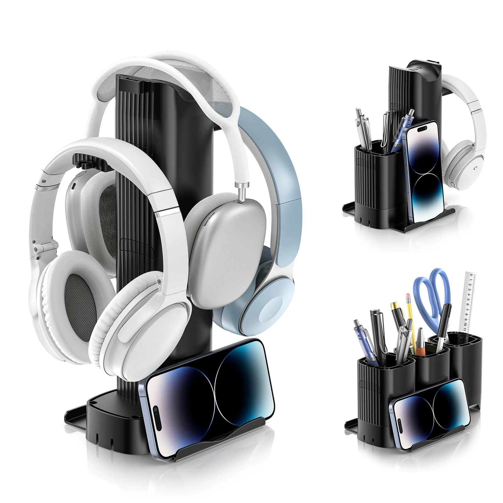 KDD Combinazioni 4 in 1 Gancio per cuffie con portapenne Organizzatore da tavolo multifunzionale con supporto per telefono Accessori per riporre oggetti