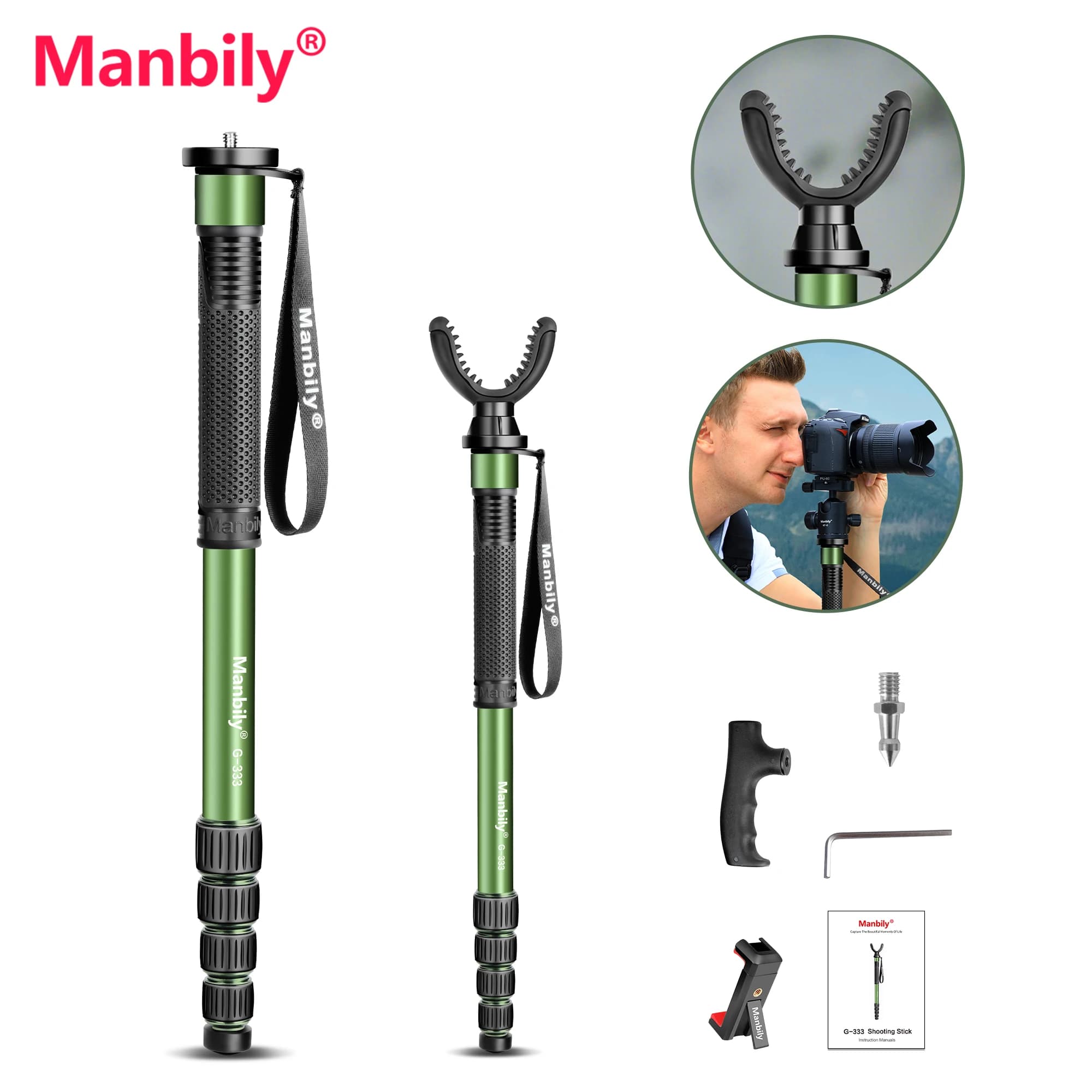 Manbily Monopiede leggero per caccia V-Yoke per 1/4''3/8'' Escursionismo Viaggi Selfie Stick Max 178 cm Estendi il carico di 7 kg