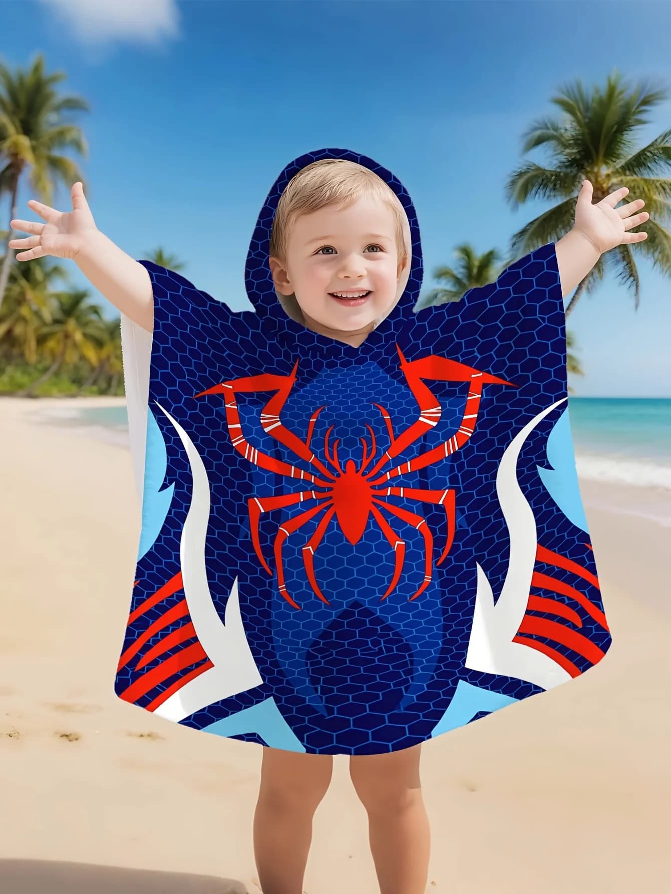 Accappatoio Blue Spider, morbido e super assorbente, con bottoni laterali, adatto per spiaggia, piscina, mare, campeggio, per bambini e bambine dai 2 ai 11 anni.