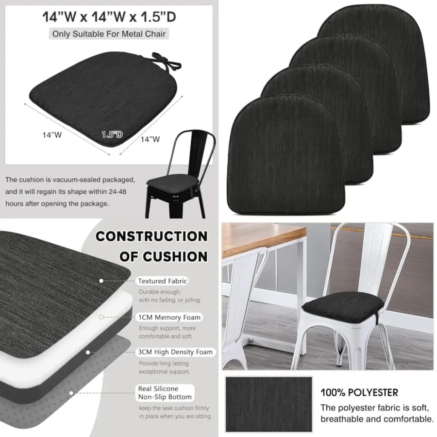 Set di Cuscini in Memory Foam a Doppio Strato per Sedie in Metallo, Cuscini per Sgabelli da Bar con Lacci per Sedie o Sgabelli in Metallo - Solo Cuscini