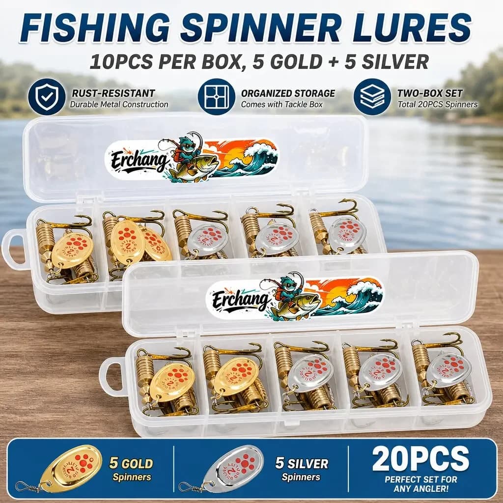 Erchang Spinner Fishing Lures Set Metal Bass Trout Salmon Lure with Sharp Treble Hooks and Tackle Box Gold Silver Spinner