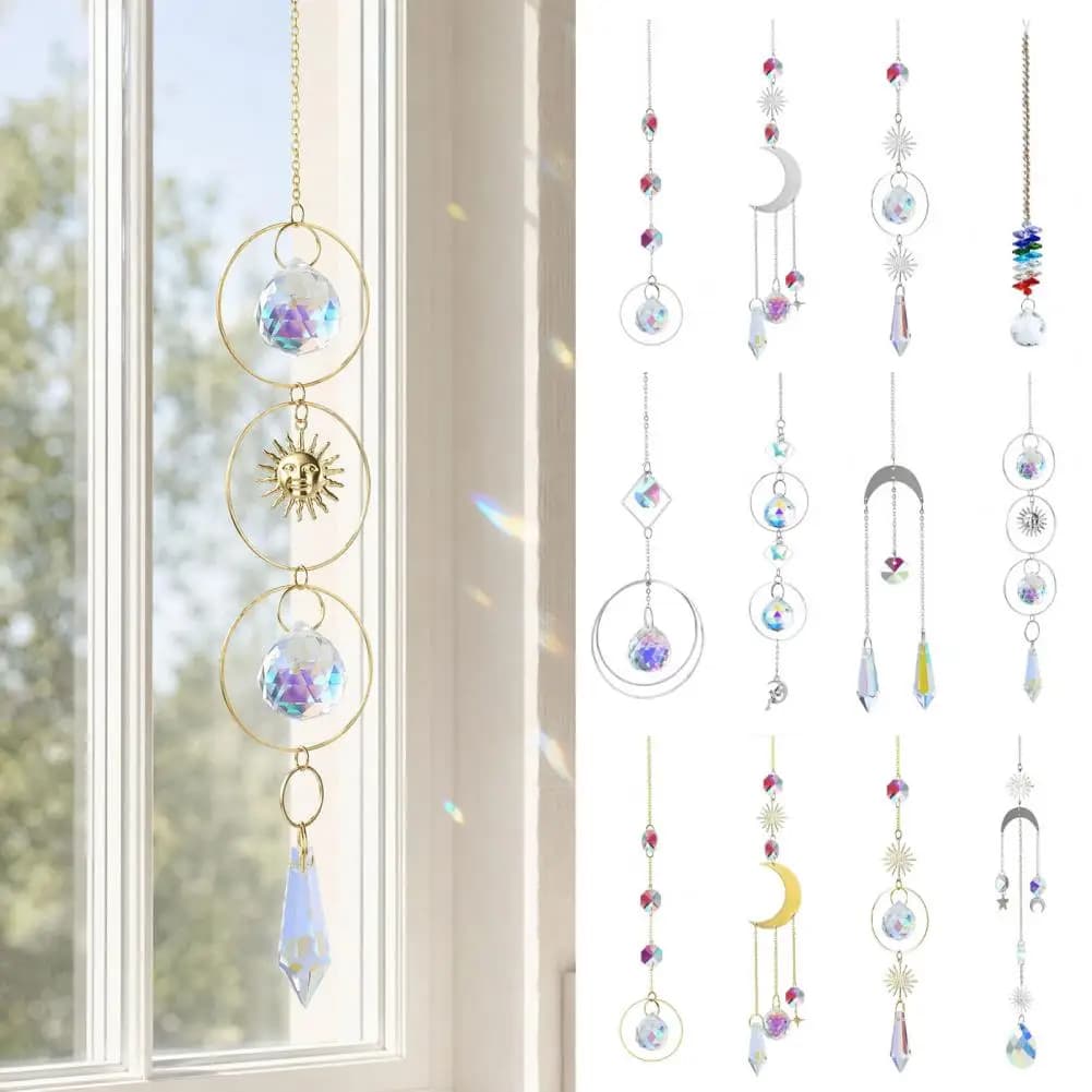 Wind Chime Crystal Glass Prism Sun Catcher Hanging Garden Decor Moon Star Solar Pendant Outdoor Balcony Ornament