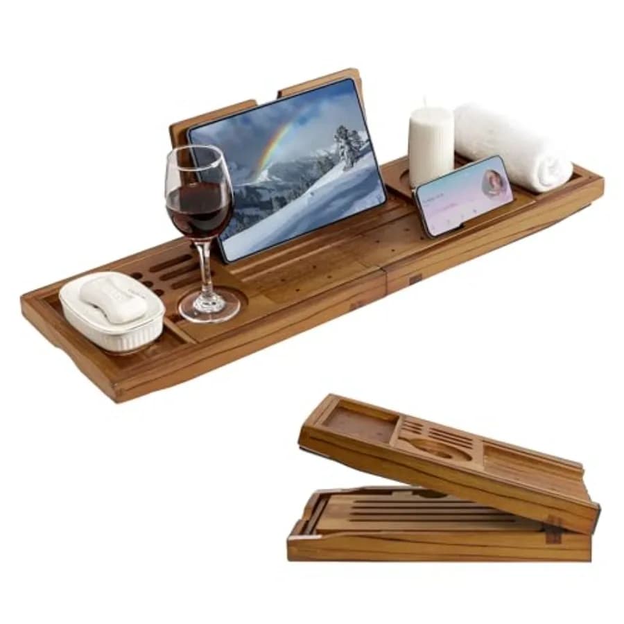 Vassoio da Bagno di Lusso - Portaoggetti Pieghevole con Manici Estensibili, Porta Bicchiere da Vino e Supporto per Telefono, Porta Libri - Migliora l'Esperienza Spa a Casa