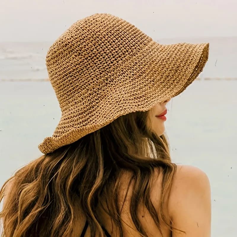 Cappello da sole pieghevole in paglia, cappello da spiaggia a tesa larga con coulisse regolabile, cappello estivo leggero e traspirante, cappello da sole per esterni