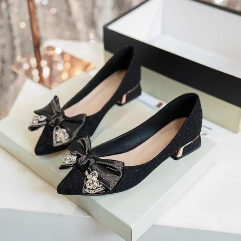 New Butterfly Knot Thick Heel High Heels Women's Spring Autumn Beige Pointed Toe Square Heel Low Heel Single Shoes