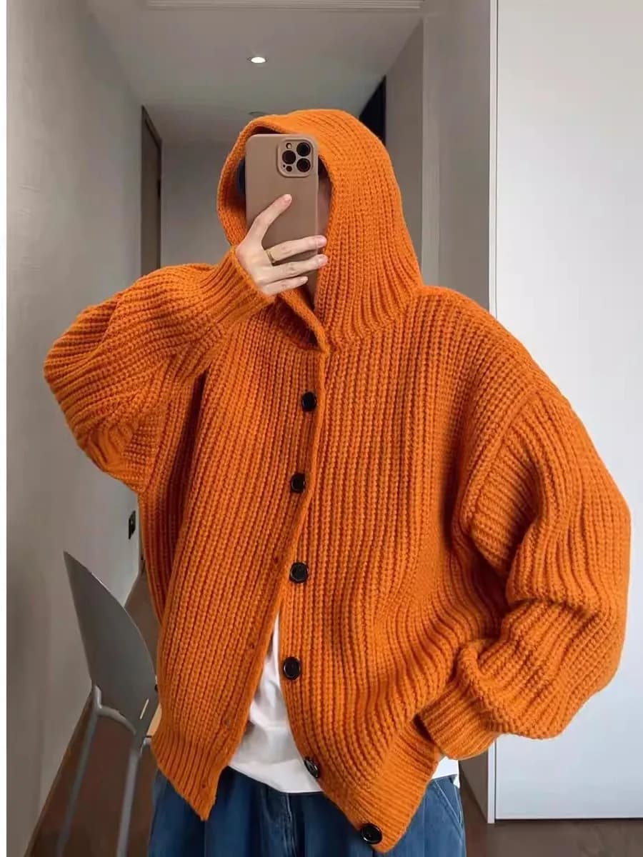 Cardigan con Cappuccio Oversize da Uomo, Maglione Invernale Vintage con Bottoni, Maglieria Casual alla Moda
