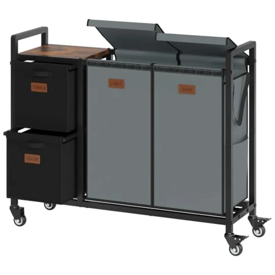 Carrello Portabiancheria a 4 Sezioni con Ruote, 182L (48 Gal), con Coperchio, Ripiano e Organizer per Vestiti con Sacchi Rimovibili, Nero + Grigio