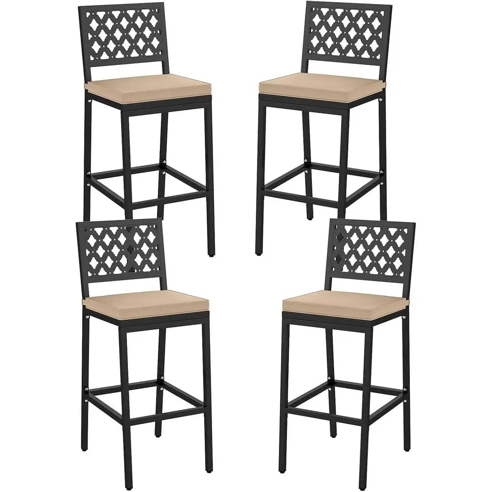 Set of 4 Outdoor Metal Bar Chairs with Cushions, Counter Height, Ergonomic Backrest for Patio, Poolside