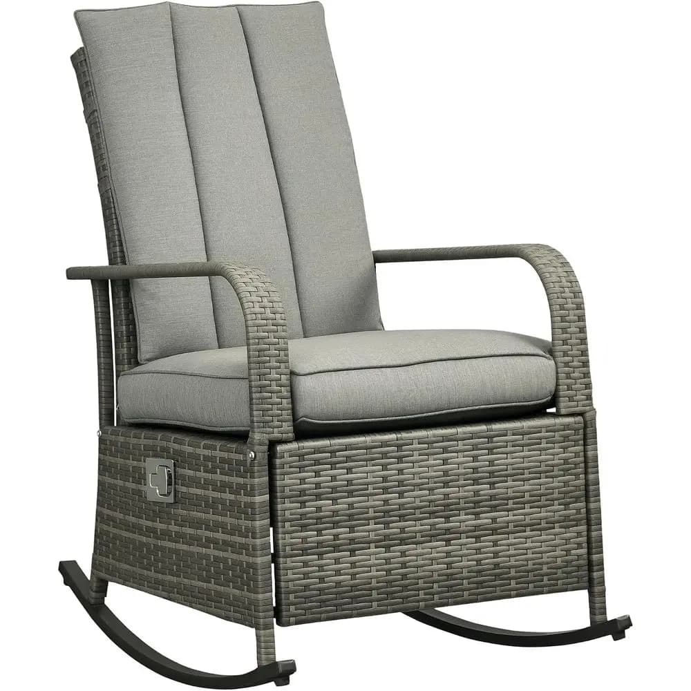 Wicker Outdoor Rocking Chair, Patio Recliner with Cushions Gray | Adjusent Backrest, PE Rattan Lounge Chair, Adjustable ootrest,
