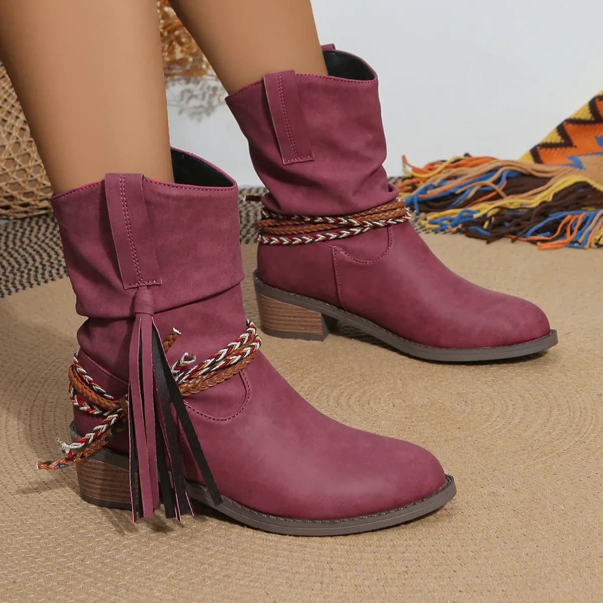 Pirate Boots Woman Pleated Tassel Mid-calf Boots Women Pointed Toe Chunky Heel Short Boots Female Slip-on Boots Plus Size 43