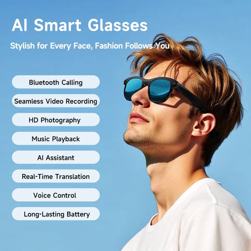 Occhiali Smart di Ultima Generazione da 200W Pixel con Registrazione Video e Fotografia, Riconoscimento Oggetti AI, Chiamate Bluetooth e Traduzione Vocale