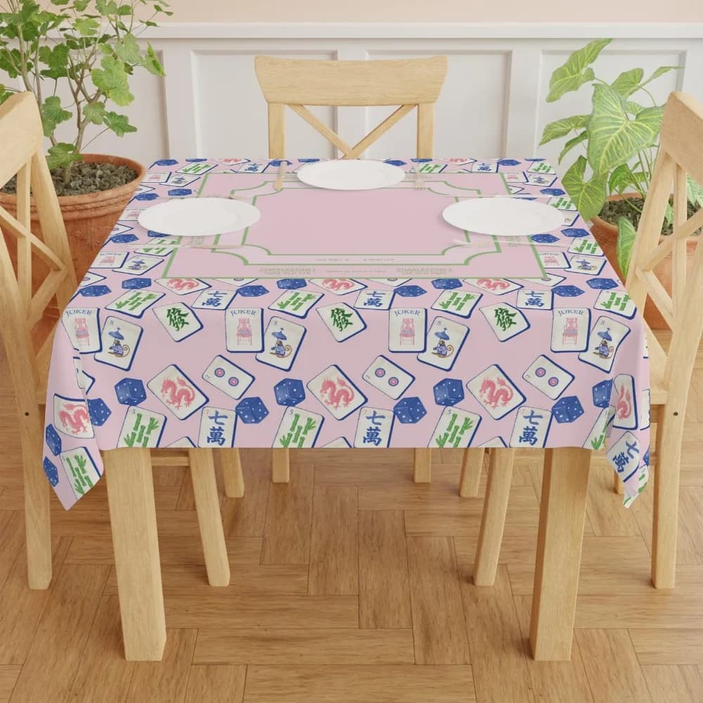 Pink Mahjong Tile Pattern Square Tablecloth - Game Night Instructions Mat Elegant Party Decor