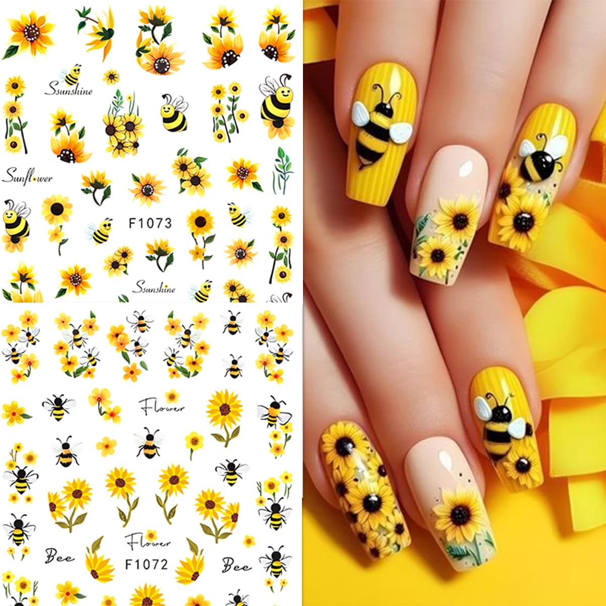 2 adesivi per unghie con ape e girasole primaverili ed estivi, facili da applicare per la decorazione delle unghie fai da te, regali, feste e matrimoni